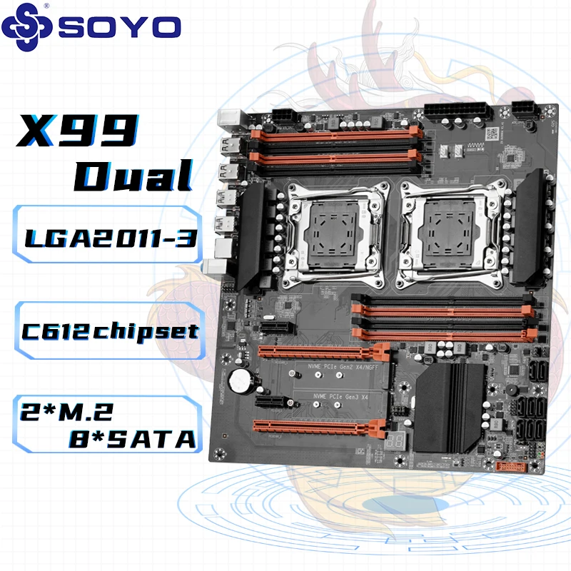 SOYO X99 Dual CPU Gaming Motherboard DDR4 M.2 NVME USB3.0 E-ATX LGA2011-3 Unterstützung Xeon E5 2680 V4 CPU Server Motherboard Image