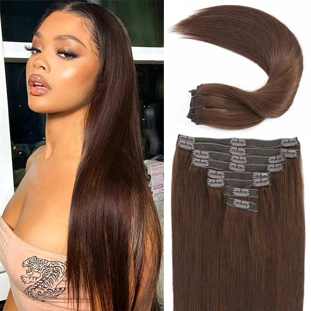 Clip-in-Haarverlängerungen aus echtem Echthaar, glatt, 100 % brasilianisches Remy-Echthaar, zum Anklipsen, Schokoladenbraun, 16–26 Zoll, für Frauen Image