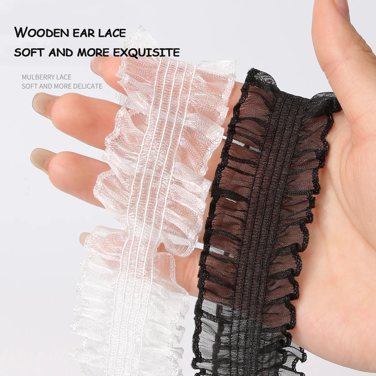 1 Paar elastische Spitzen-Schnürsenkel mit Rüschenbesatz – Feen-Wind-Schnürsenkel mit Holzohrkante (weiß/schwarz)