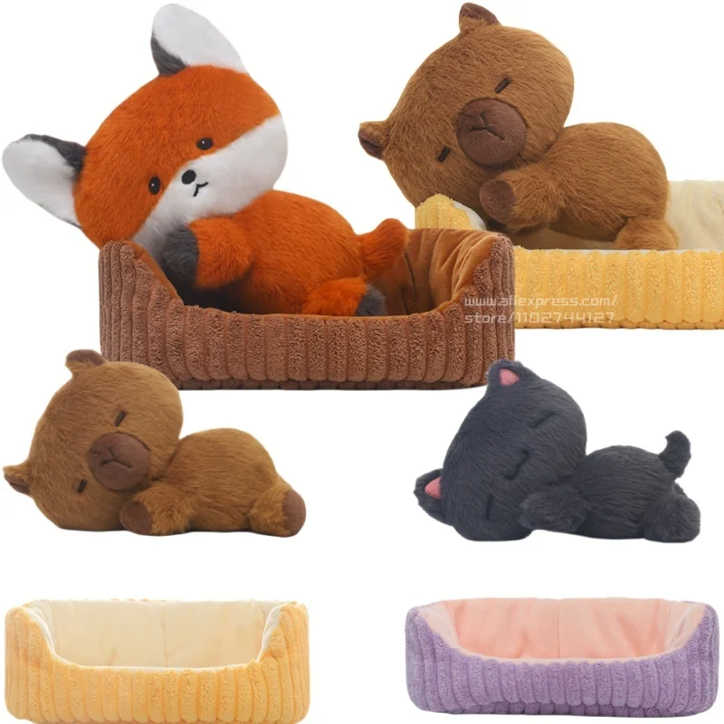 Hochwertiges, liegendes Capybara, schwarzer Katzenfuchs im Nest, supersüßes Cartoon-Kuscheltiere, kuscheliges Plüschtier für Kinder, Geburtstagsgeschenk Image