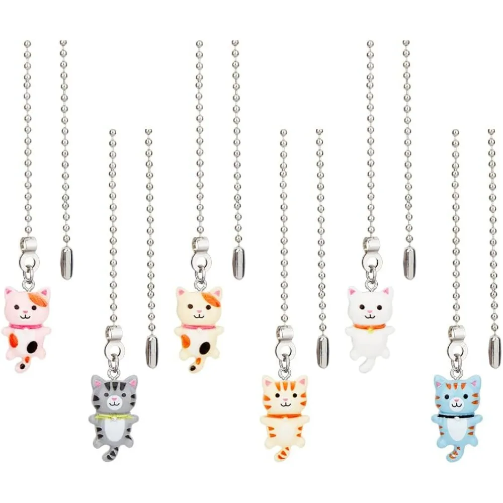 6 Stile Deckenventilator-Zugkettenverlängerungen aus Kunstharz für Katzen, Zugschnurverlängerung, bunter Katzen-Zugkettenanhänger mit Anschluss-Sets Image