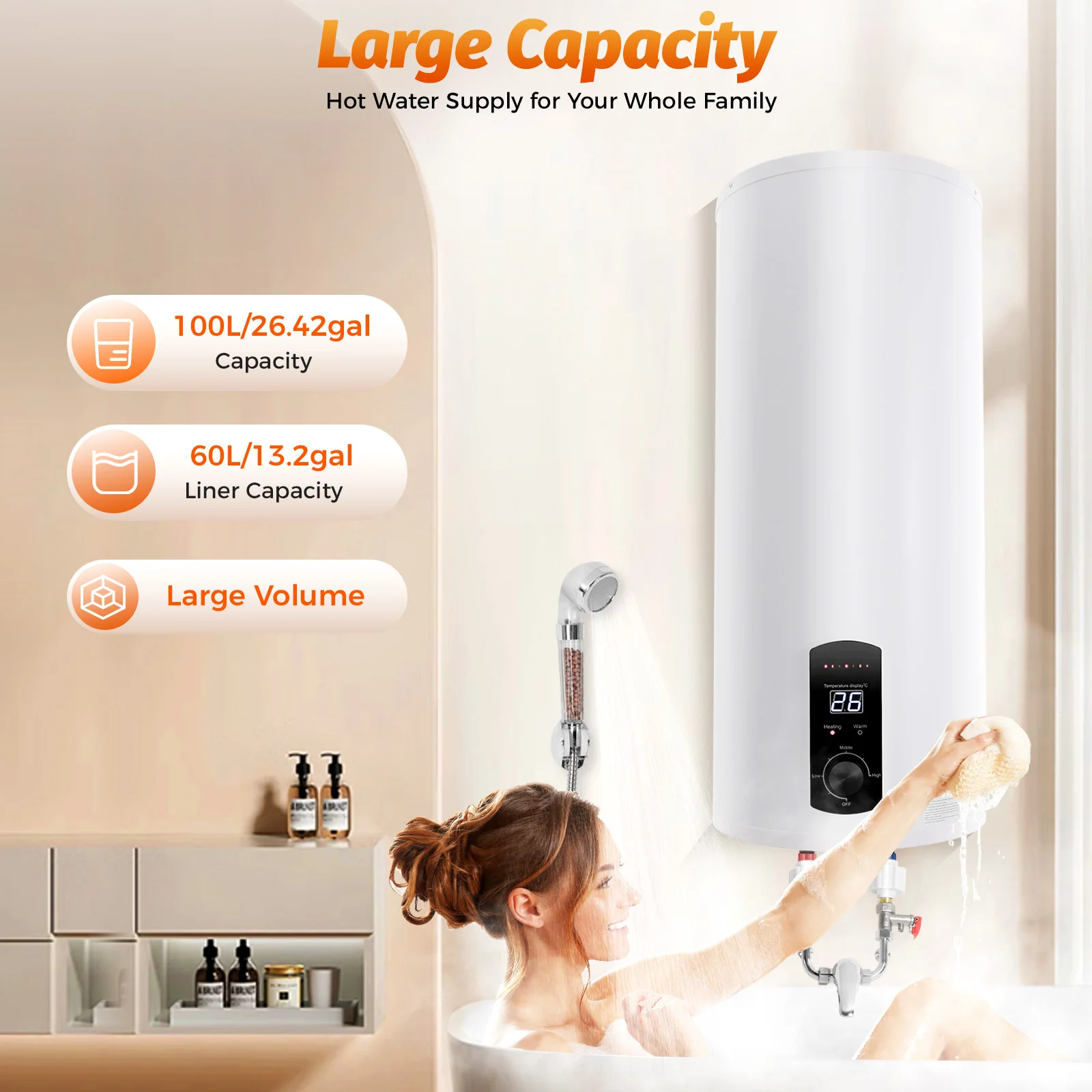 Elektrischer Speicher-Warmwasserbereiter, 60 l, elektrischer Boiler, Durchlauferhitzer, Kessel, horizontal, 220 V, 2000 W, 25–75 ° C Image