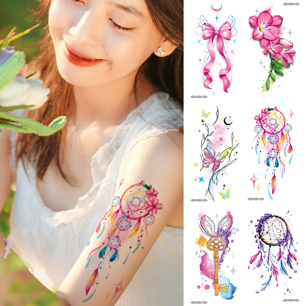 Wasserdichter Traumfänger, Schleife, Schmetterling, Blume, temporäres Tattoo – realistischer Arm-Kunstaufkleber für Frauen, hält 2–5 Tage, für Partys Image