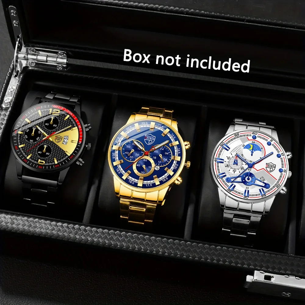 3-teiliges modisches Herren-Uhren-Set, rundes Zifferblatt, Quarzwerk, lässiger Sport-Stil, Gehäuse aus Zinklegierung, Datumsfunktion, perfektes Geschenk für Männer Image