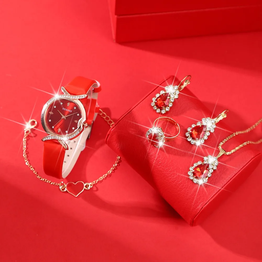 6-teiliges Luxus-Quarzuhren-Set für Damen, analoges rotes PU-Leder-Legierungszifferblatt, Uhren- und Schmuckset, ideal für Geschenke für Frauen Image