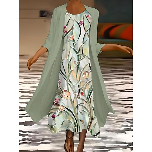 Set da abito da donna Abito maxi Abito estivo Vacanza Casual Ombre Stampa floreale Manica 3/4 Collo rotondo Invitata a un matrimonio Compleanno Verde Grigio Estate Primavera Vestibilità regolare