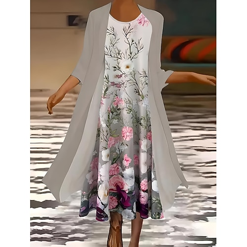Set da abito da donna Abito maxi Abito estivo Vacanza Casual Ombre Stampa floreale Manica 3/4 Collo rotondo Invitata a un matrimonio Compleanno Verde Grigio Estate Primavera Vestibilità regolare