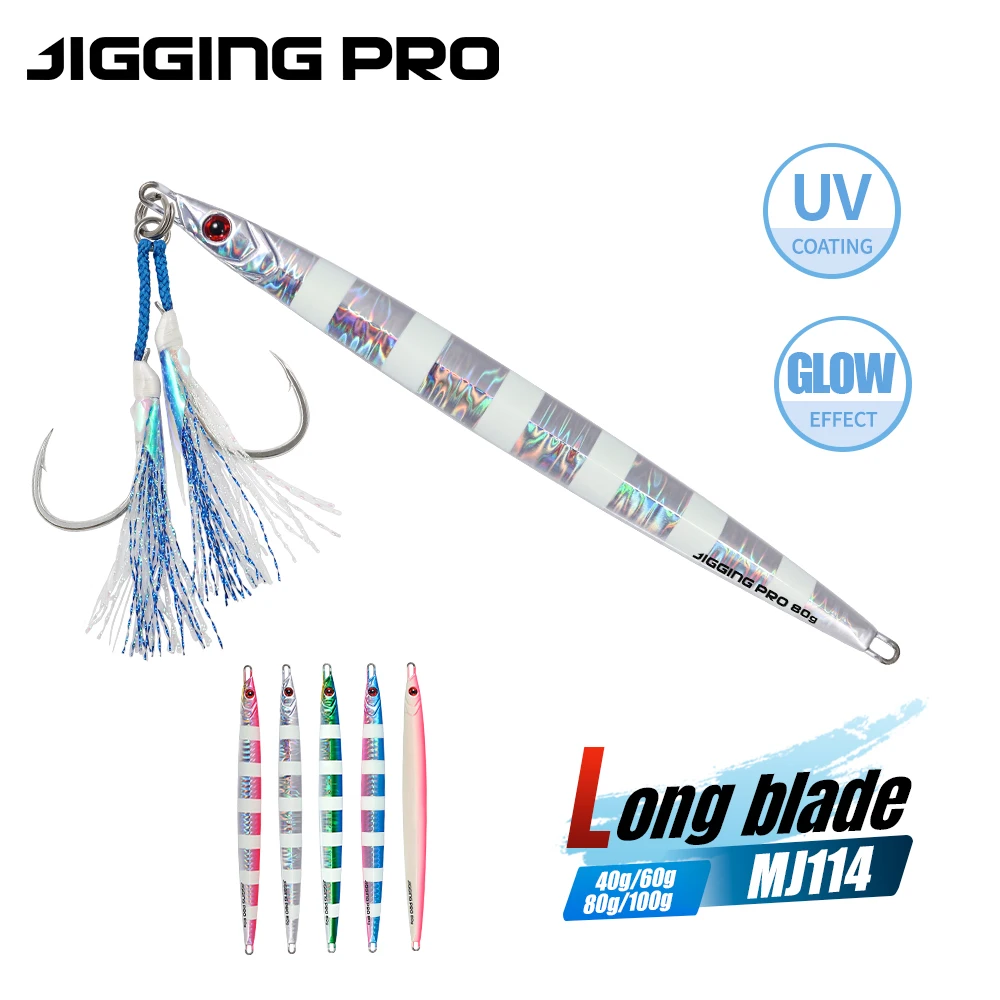 JIGGING PRO Long Blade 40g 60g 80g 100g Jig in Metallo Lungo per Pesca dalla Barca Inshore, Affondamento Rapido, Esca Artificiale con Amo