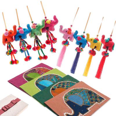 Elephant Greeting,'Elephant Curated Gift Set with 4 Greeting Cards 8 Ornaments'