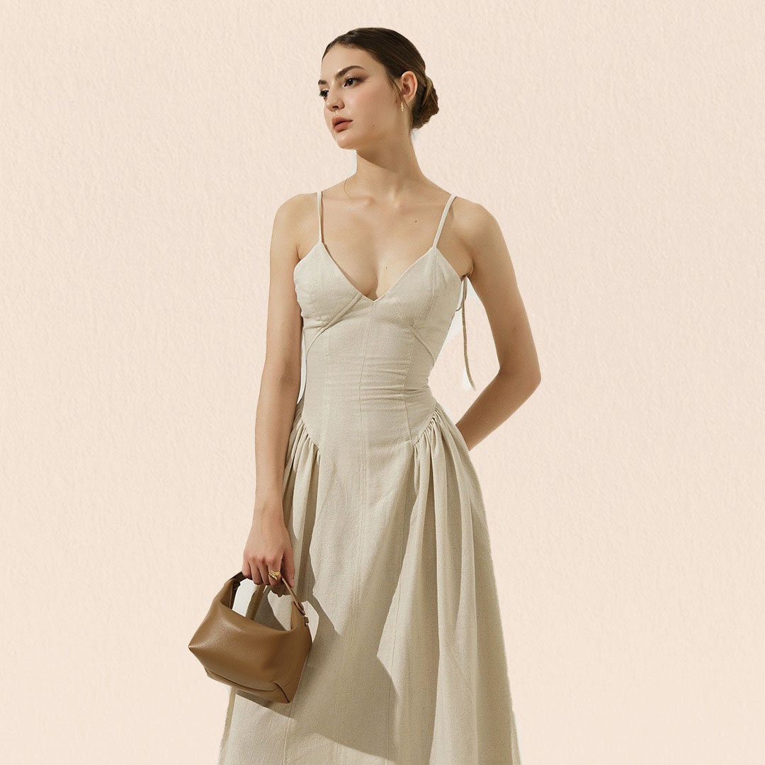 Korsett Kleid Maxi Leinenkleid - Dünne Träger Plissee Leinenkleid - Sweetheart Ausschnitt A Linie Leinenkleid - Sommer Hochzeit Gast Leinenkleid