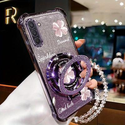 TEMU Luxury Clover Wrist Strap Magnetic Glitter Phone Holder Case On For 10 Galaxynote10 Anti-knock Shock Proof Stand Back Cover Image
