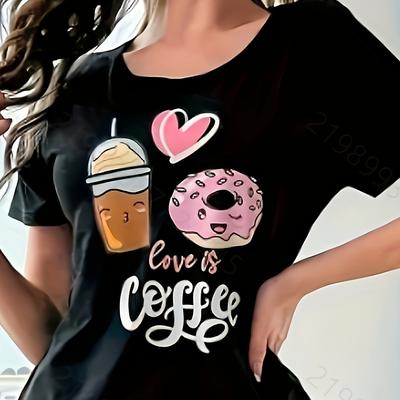"TEMU Women' & Donut Graphic Print Short Sleeve T-shirt - Casual Round Neck Loungewear Top With "" Slogan, Machine Washable , Leisure Clothing, Design, Fabric" Image