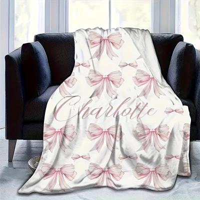 TEMU 1pc Bowknot Flannel Fleece Blanket, Personalized Flannel Blanket, For Sofa, Bed, , , , - Washable, , All- -, -allergenic, , Knitted , 200-250g Image