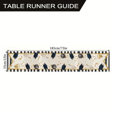 TEMU 1pc Polyester Table Runner With Graduation-themed Design - Black And White Striped, Golden Balloons & Diplomas, Ideal For Indoor/outdoor Celebrations And Parties Image