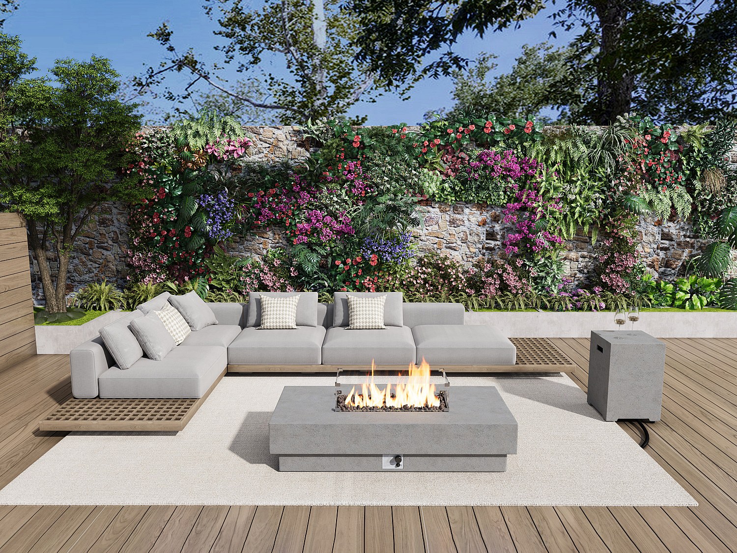 Tavolo rettangolare con braciere a gas in MGO effetto cemento Focolare quadrato - SEROZA