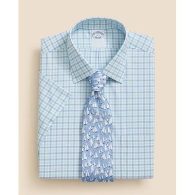 Brooks Brothers Men's Stretch Supima Cotton Non-Iron Ainsley Collar, Alternating Check Short-Sleeve Dress Shirt | Turquoise | Size 18½