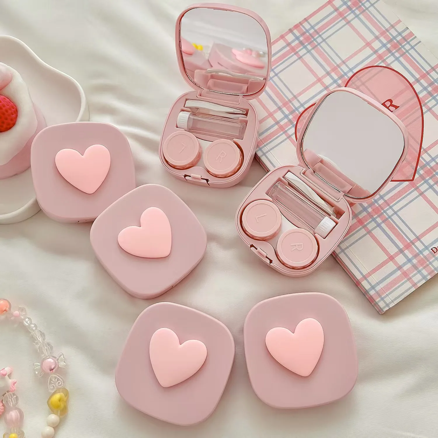 Herz Kontaktlinsenbehälter mit Spiegel Mini Lovely Eyes Care Kontaktlinsenbehälter Box Reise-Sets Brillenzubehör Organizer Image