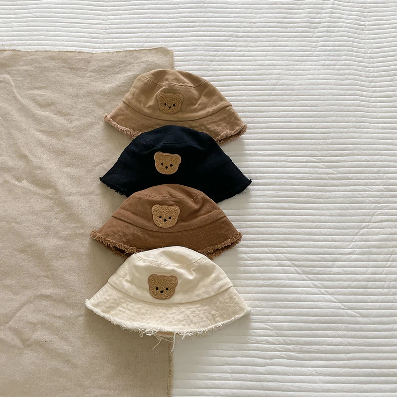 Korean Bear Baby Fisherman Hat Korean Toddler Boy Girl Bucket Cap Cute Cartoon Solid Color Sunshade Kids Basin Hats Image