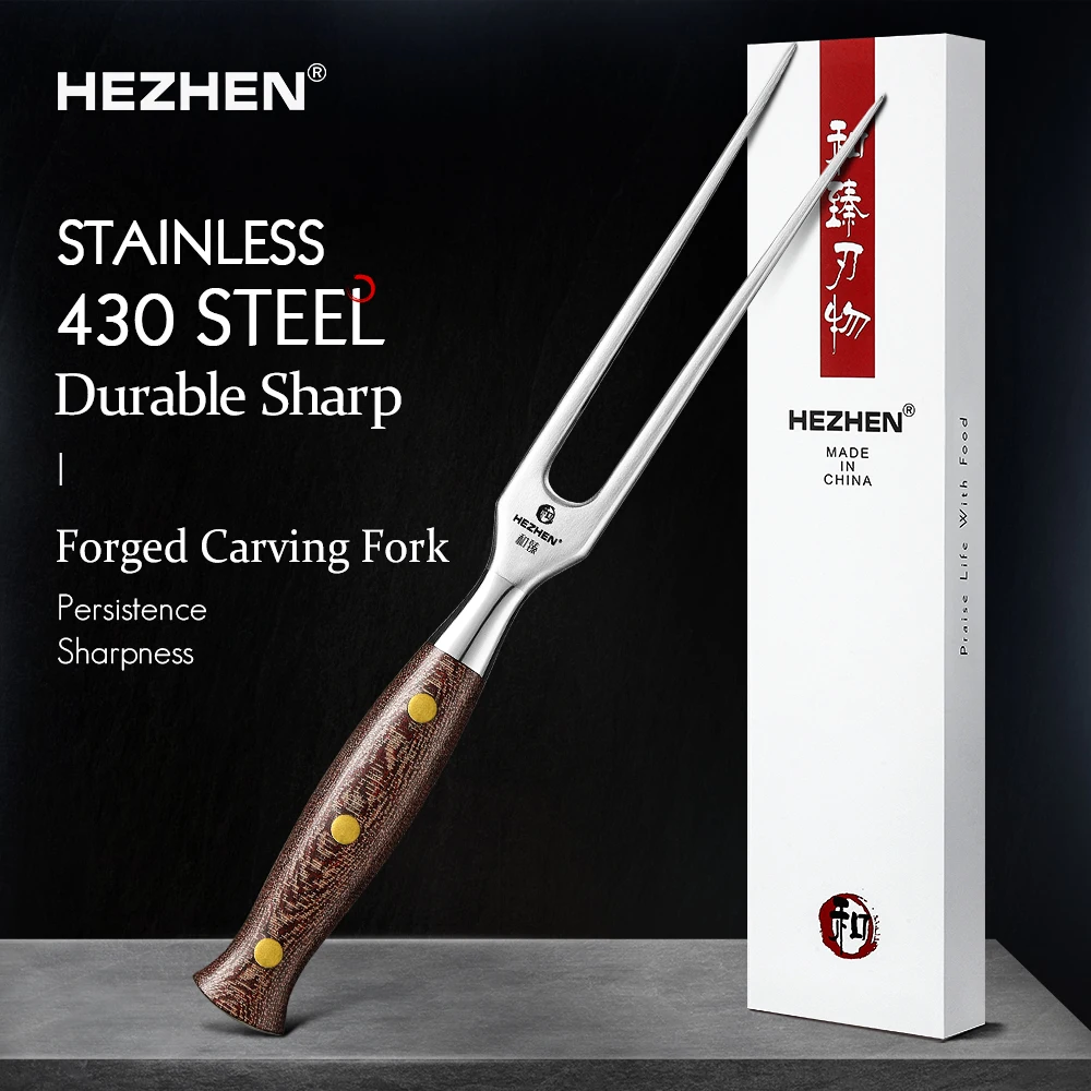 Hezhen 430 Edelstahl Schnitz gabel Micarta Griff Grill gabel Grill werkzeuge Zweizahn gabel exquisite hand gefertigte Box Verpackung Image