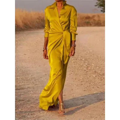Casual Lapel V Neck Slim Long Dress For Women Spring Full Sleeve Solid Shirts Dress Elegant Lady Lace Up Split Party Dresses