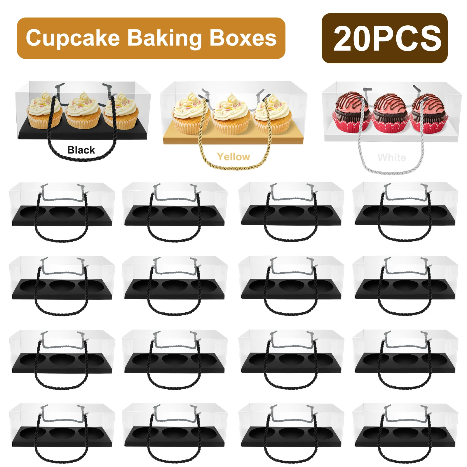 20 Stück transparente Cupcake-Backbox mit Griff, individuelle 3-Loch-Muffinbehälter für Hochzeit, Party, Bäckerei, Dessert, Verpackung Image