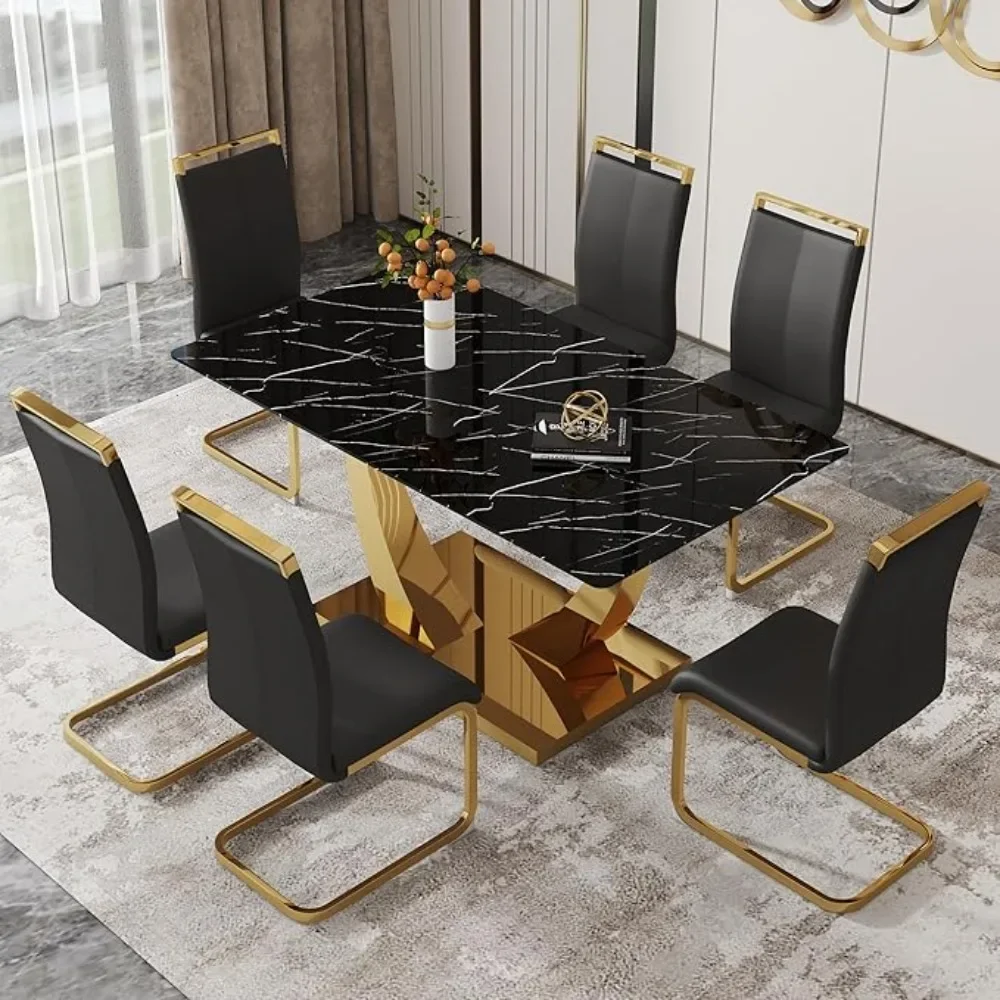Modernes, modisches goldenes Esstisch-Set, 63 Zoll, Esszimmertisch-Set für 6 Personen, rechteckiges Küchentisch-Set mit Stühlen aus PU-Leder
