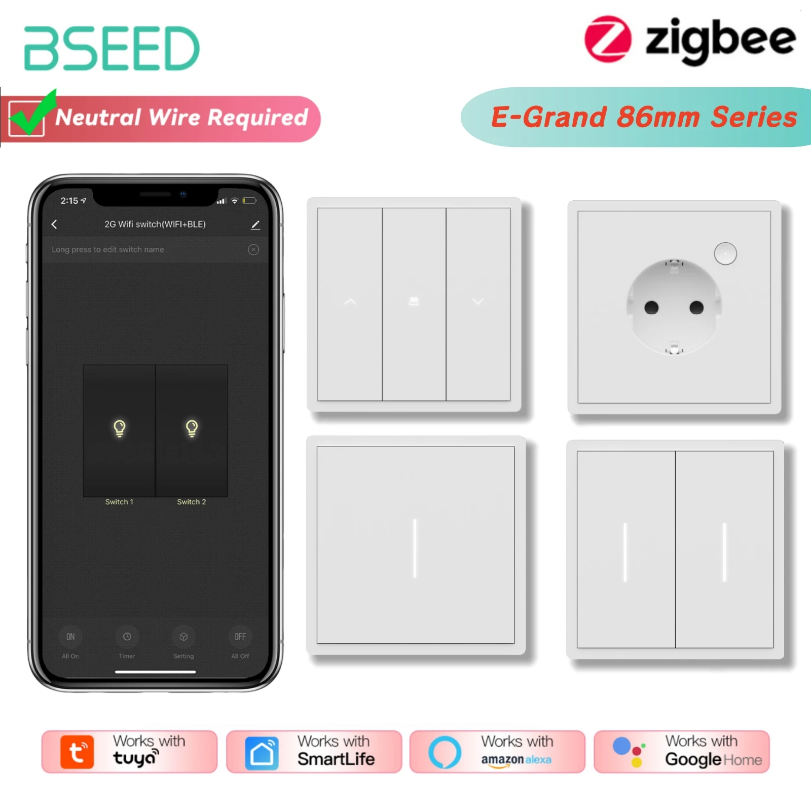 BSEED ZigBee Click Lichtschalter Serie Mechanische große Taste EU-Standard Wand Smart Vorhang Shutter Smart Steckdosen TUYA APP Image