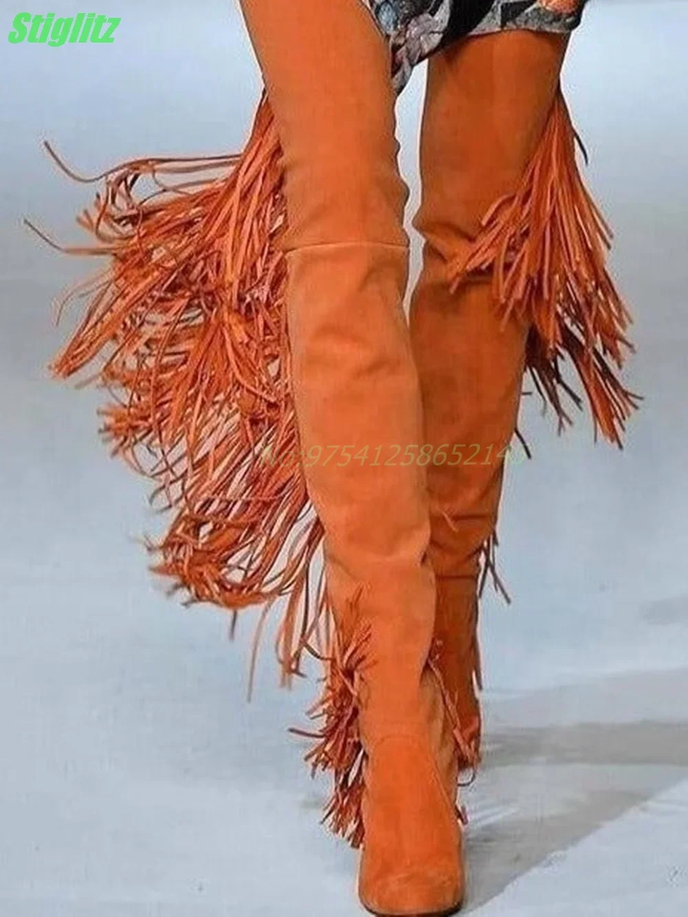 Fransen Overknee-Stiefel solide orange Wildleder Damen stiefel Laufsteg Party Schuhe Luxus Mode Winter Square High Heel neu 2024 Image
