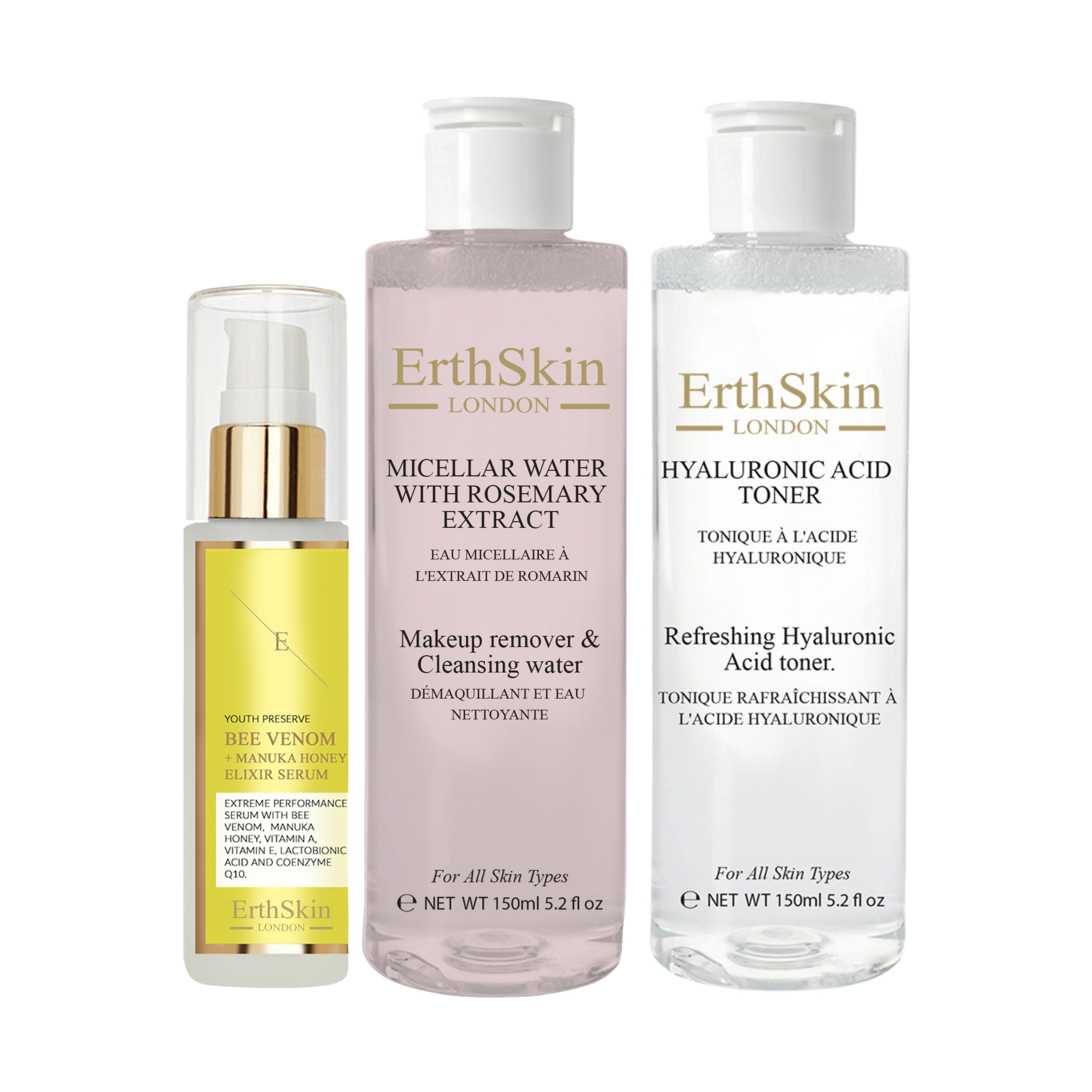 Mizellenwasser mit Rosmarin-Extrakt 150ml+ Erfrischendes Hyaluronsäure-Tonikum 150ml+ Bienengift + Manuka Honig Elixier Serum 60ml Image