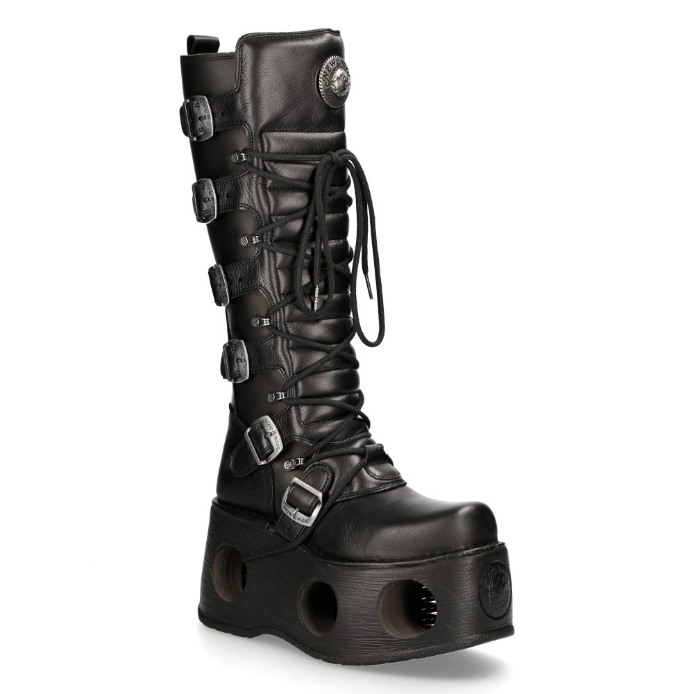 New Rock M-272-S2 Neptuno Metallic Kniehohe schwarze Gothic-Stiefel aus Leder
