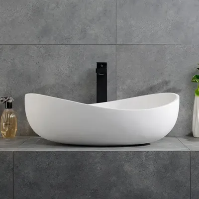 Oval Vessel Sink Stone Resin Bathroom Sink Modern Art Sink Matte White with Pop Up Drain (Glossy