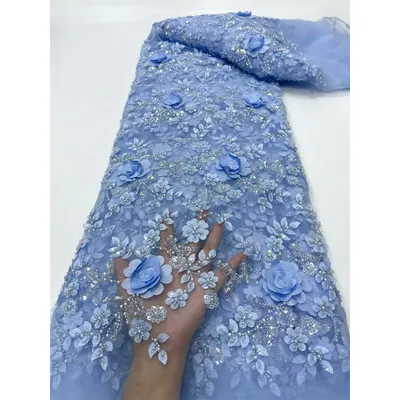 Sky Blue Luxury Fabric For Dress 5 Yards With Beads 3D Lace Fabric Embroidery French Tulle Lace