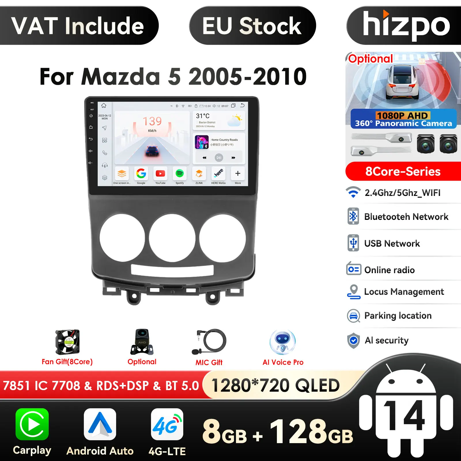 Autoradio Android Carplay avec GPS, 4G Permanence, 8 Go + 128 Go, 9 ", 2Din, Limitation RDS, Autoradio Stéréo, Vidéo, Audio, BT, RDS, Mazda 5, 2005-2010