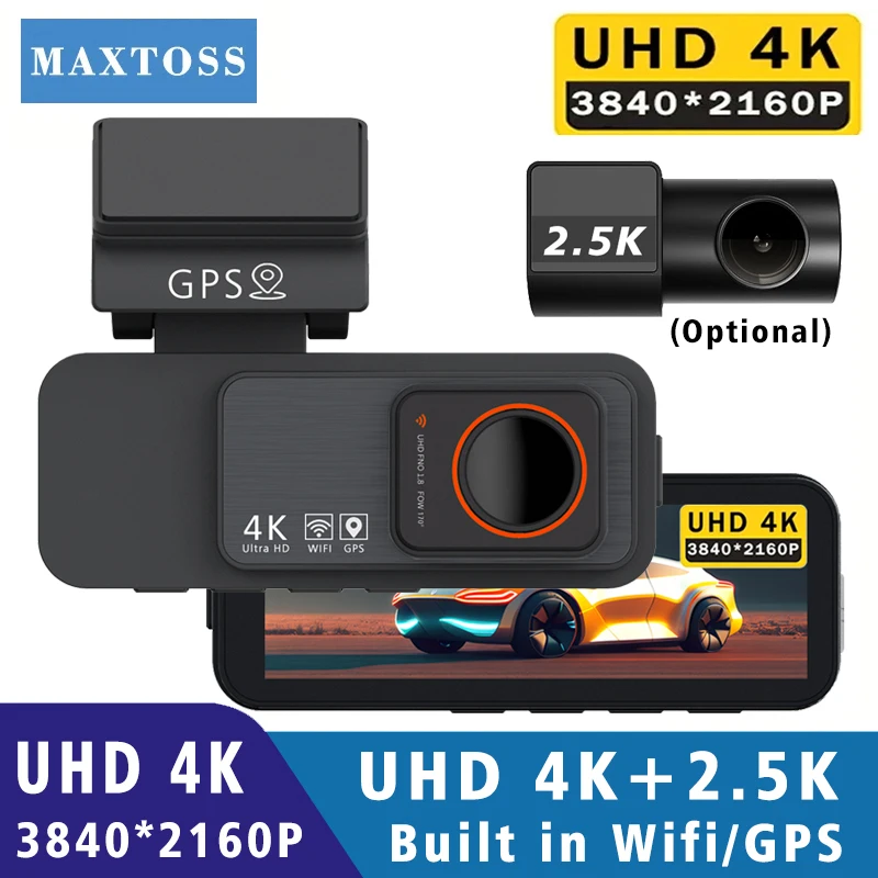 4K WIFI Dash Cam GPS 2160P Auto DVR Vorne und 2,5K Hinten Dual Objektiv Auto Auto Kamera mit Nachtsicht G-Sensor 24H Parkplatz Monitor Image