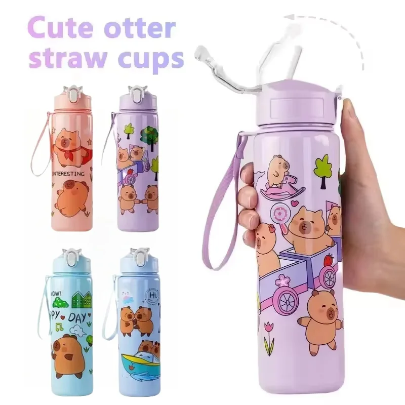 750 ml Capibara-Strohhalmbecher aus Kunststoff, niedliche, hochwertige, tragbare Cartoon-Becher für Studenten mit Trageschnur, Wasserflaschen Image
