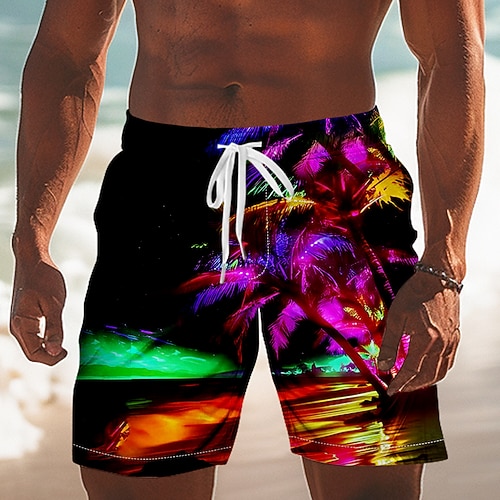 Herren Kokospalme Tropische Pflanzen Badehosen Badeshorts Boardshorts Mittlere Taille Hawaiianisch Urlaub Kordelzug Netzfutter Elastischer Bund Designer Bekleidung Image