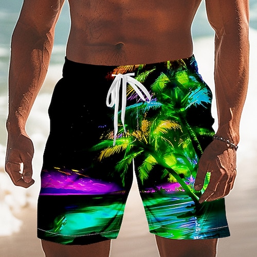 Herren Kokospalme Tropische Pflanzen Badehosen Badeshorts Boardshorts Mittlere Taille Hawaiianisch Urlaub Kordelzug Netzfutter Elastischer Bund Designer Bekleidung Image