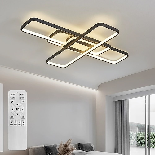 Moderne Deckenleuchte 23,6 Zoll, 96 W, 35,8 Zoll, 124 W, LED, stufenloses Dimmen, Fernbedienung, 4-Ring-Deckenleuchte in Schwarz, geeignet für Schlafzimmer mit niedriger Decke, Wohnzimmer, Esszimmer Image