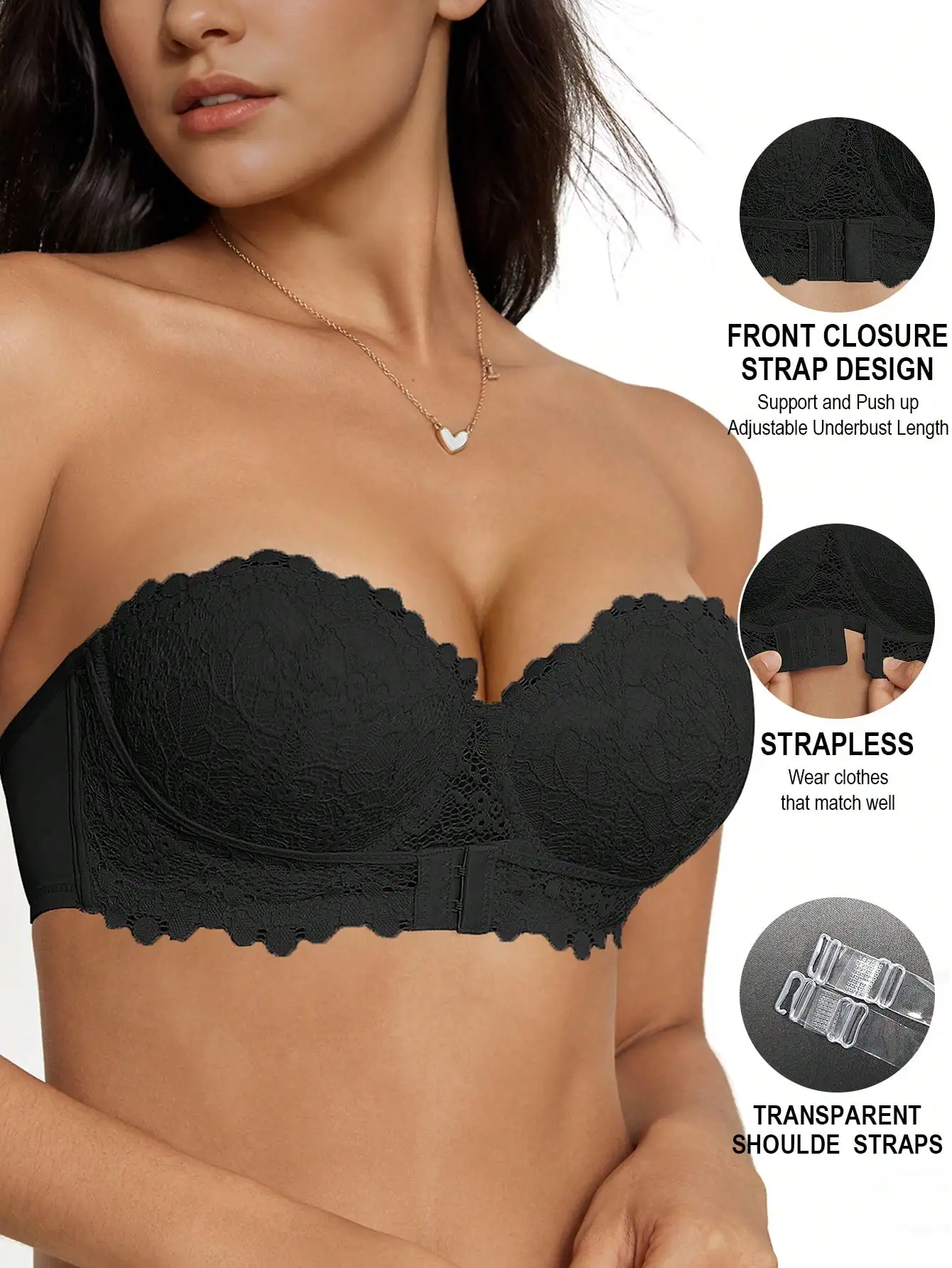 Schwarze Push-up-Dessous, feminine Spitze, atmungsaktiv und bequem, Push-up, abnehmbarer Schultergurt, unsichtbare Dessous Image