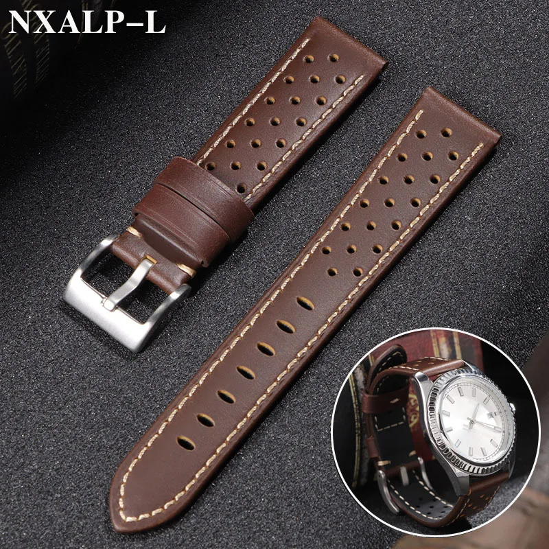 Vintage Echtlederarmband 18mm 20mm 22mm 24mm Atmungsaktives Rindsleder Armband für Seiko für Omega Armband SmartWatch Armband Image