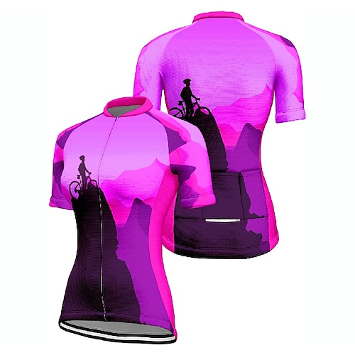 Damen Radtrikot Grafik Kurzarm Fahhrad T-Shirt Trikot mit 3 Gesäßtaschen Mountainbike MTB Schnelltrocknend Anatomisches Design Feuchtigkeitsableitend Atmungsaktiv Sport Blau Fuchsie Orange Bekleidung Image