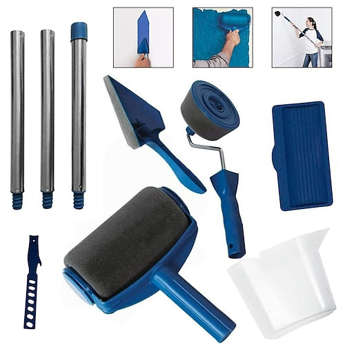 Farbrollerpinsel Malergriffwerkzeug, Wandmalergriffwerkzeug mit Farbläuferpinsel, Wanddruckpinsel, 3 Verlängerungsstangen, Druckpinselablage, Griff beflockter Kantenschneiderraum für Wände und Decke Image