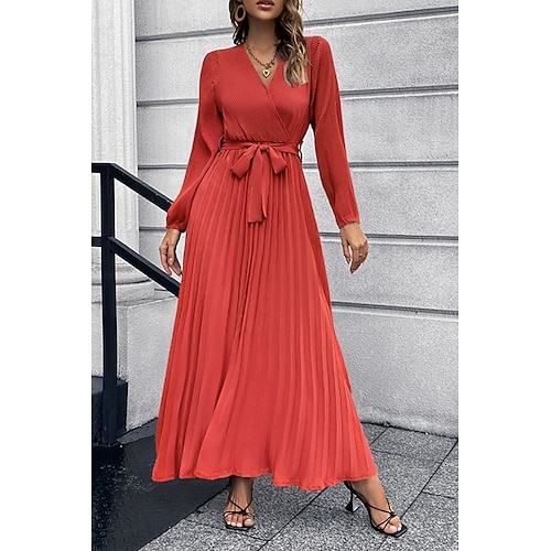 Damen Langes Kleid Maxikleid Cocktailkleid Gerafftes Kleid Elegant Mode Geburtstag Teegesellschaft Ausgehen Normale Passform Einfach Langarm V Ausschnitt Schwarz Rote Grün Sommer Image