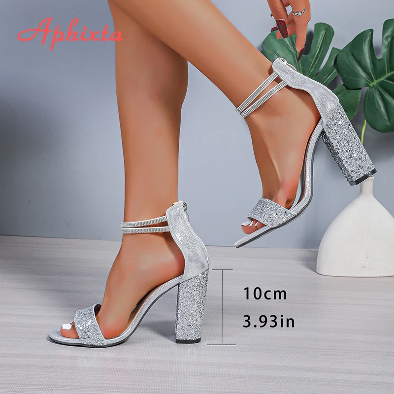 Aphixta Kristall Peep Toe Sommer Sandale Luxus 10 cm Platz Ferse Sandalen Bling Silber High Heels Party Frau Schuhe Pimp größe 43
