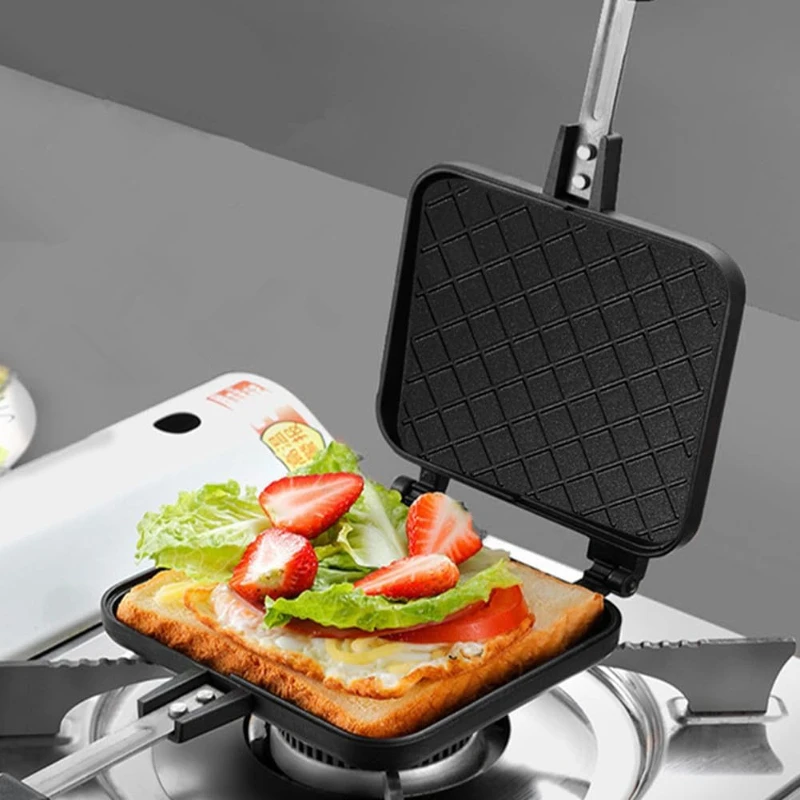 Doppelseitige, antihaftbeschichtete Panini-Sandwichmaker, Grillpfanne mit Herdplatte und Klapptablett aus Aluminium, perfekt für Frühstücks- und Waffeln-Snacks Image