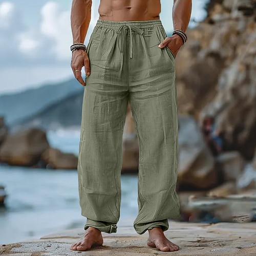 Herren Leinenhosen Hose Sommerhose Kordelzug Elastischer Bund Gerader Schnitt Einfach Komfort Atmungsaktiv Volle Länge Lässig Täglich Ferien Urlaub Mode Schwarz Weiß Image