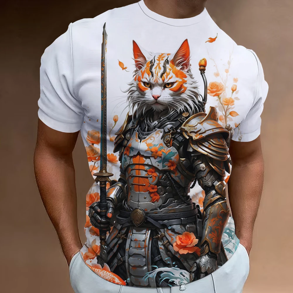 Neue Retro männer T-Shirt 3d Samurai Katze Drucken Kurzarm T-Shirt Für Männer Mode Übergroßen Mann Kleidung Quick Dry tees Tops 2024
