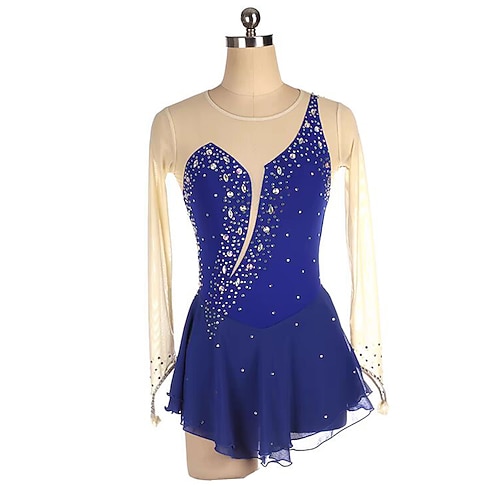 Eiskunstlaufkleid Damen Mädchen Eislaufen Kleid Königsblau Patchwork Daumenloch Netzstoff Spandex Dehnbar Training Übung Professionell Eiskunstlaufkleidung Thermowarm Kristall / Strass Langarm Image