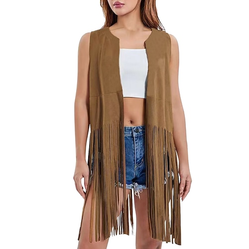 Retro Vintage 1970er Disko Wildlederweste Hippie Disco Fransen Kostüm Halloween Karneval Party Alltagstauglich Pride Parade Erwachsene Weste Frühling Sommer Image