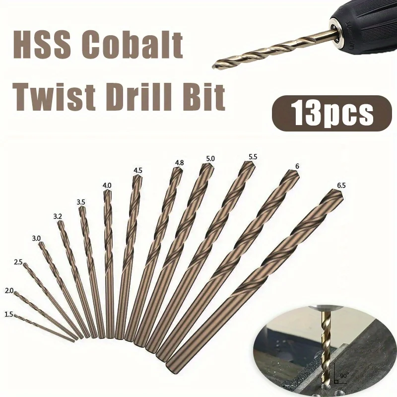 13-teiliges 1,5–6,5 mm HSS-Kobalt-Spiralbohrer-Set, metrischer Spiralflötenbohrer mit geradem Schaft für Edelstahl usw Image